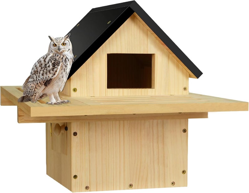 HAFTKD Owl House, Screech Wooden Owl Nesting Box, Weatherproof Design with Bird Stand, Large Opening, Mounted Birdhouse for Garden & Outdoor - Image 1